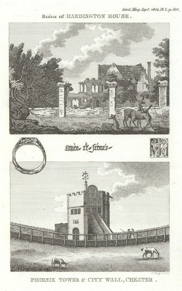 Ruins of Hardington House Somerset. Phoenix Tower and City Wall, Chester 1802